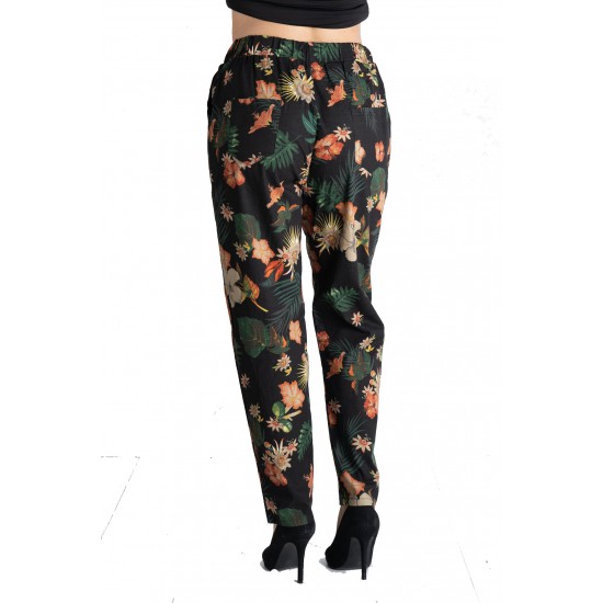 Pantaloni Dama Din Panza Topita Bumbac Cu Siret In Talie,Motiv Floral,Marime Mare
